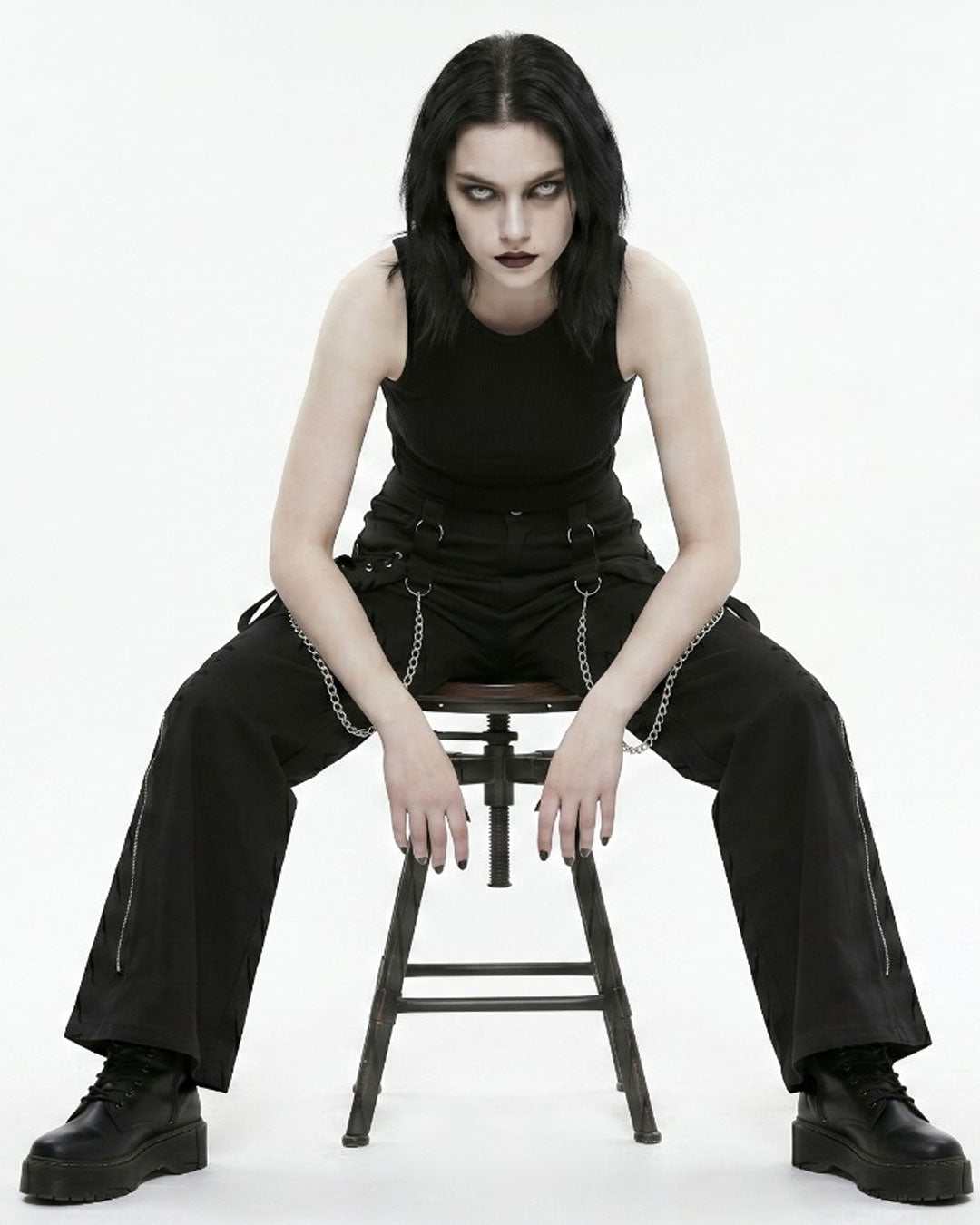Gothic Wide Leg Cargo Pants GENEMA Women’s Edgy Streetwear with Chains