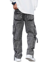 Men’s Casual Bomber Jeans – Wide Leg Multi-Pocket