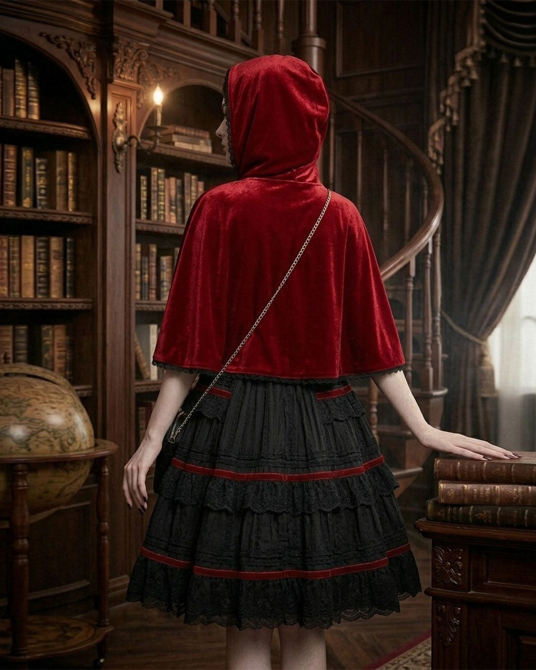 Gothic red riding hood Halloween costume set with dress cape and bag