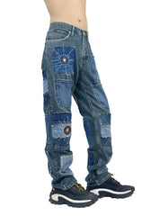 Patchwork Embroidered Wide-Leg Denim Jeans