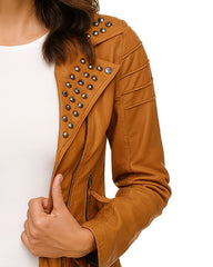 Women’s Brown Studded Biker Leather Jacket