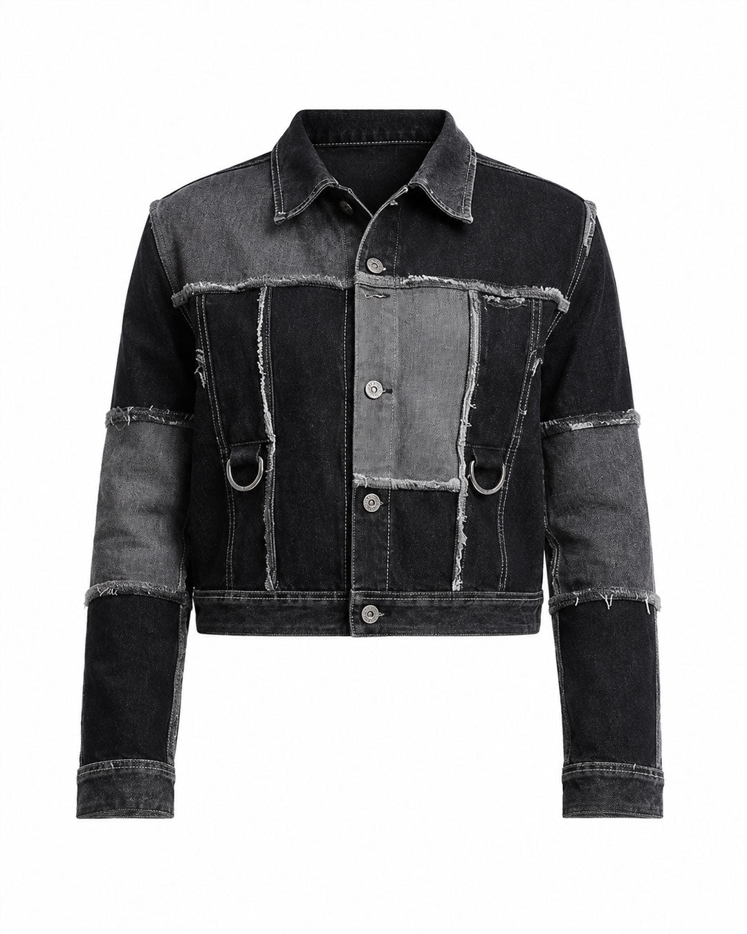 Men’s double denim outfit set with black and grey patchwork jacket and baggy wide-leg jeans front view