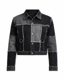 Men’s double denim outfit set with black and grey patchwork jacket and baggy wide-leg jeans front view
