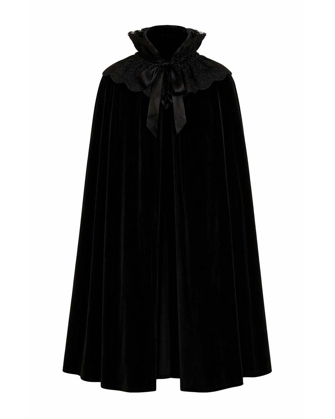 Black stand collar gothic cloak velvet full-length dramatic silhouette ornate clasps embroidery
