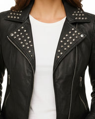 Kelly Studded Black Leather Biker Jacket