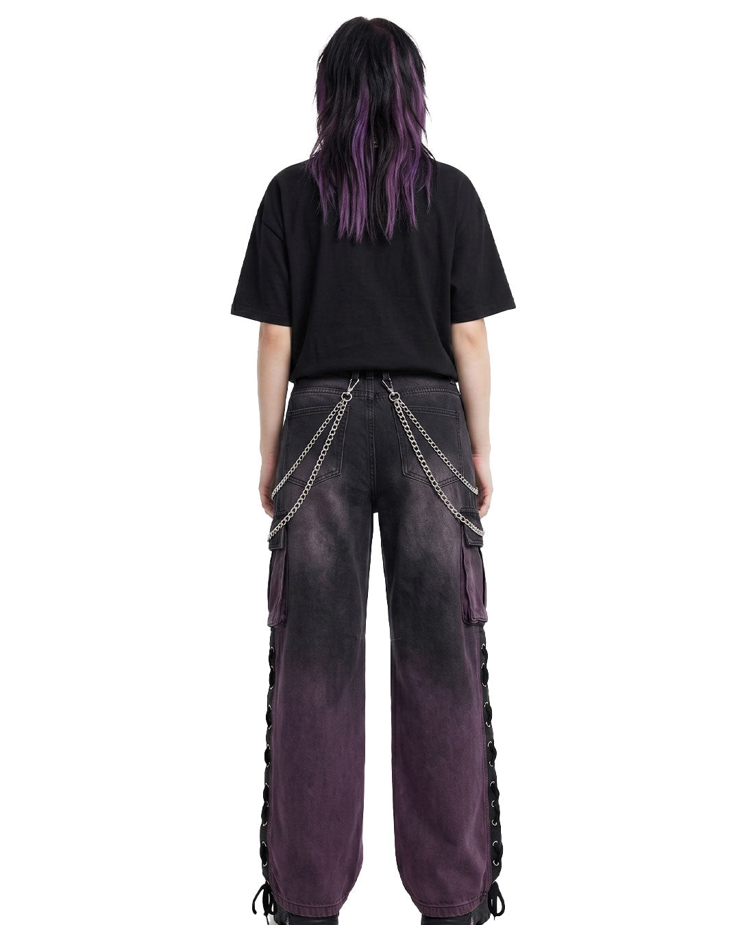 Back view of women's wide leg cargo pants with chain and lace-up detail