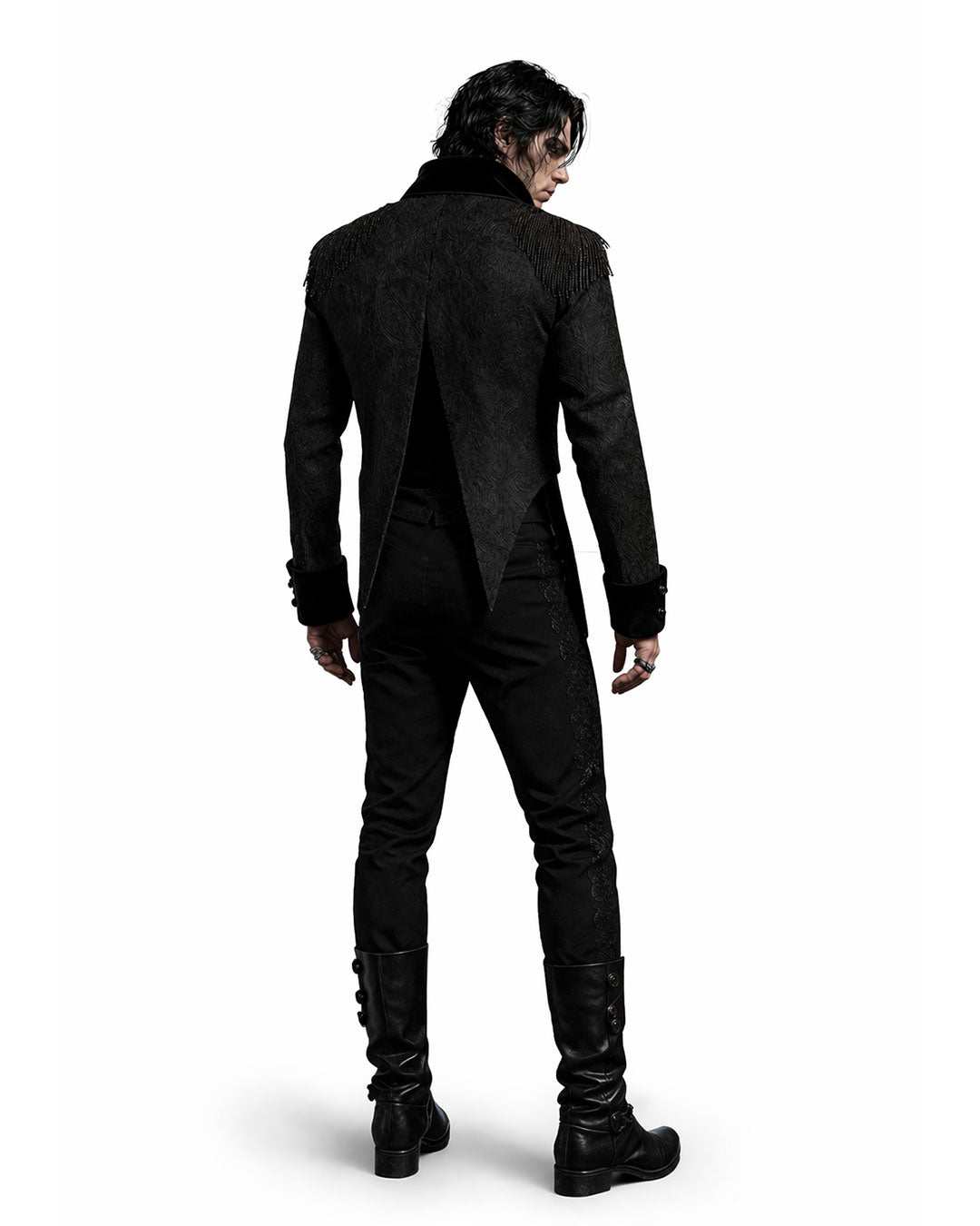 Black Swallow Tail Jacket in gothic Victorian style with high-low hem and ornate details