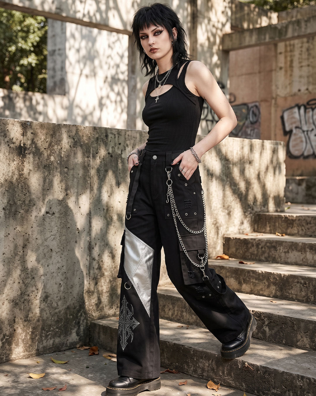 Model wearing black cargo pants women styled as black wide leg pants with a modern streetwear and alternative fashion look while posing against a wall.