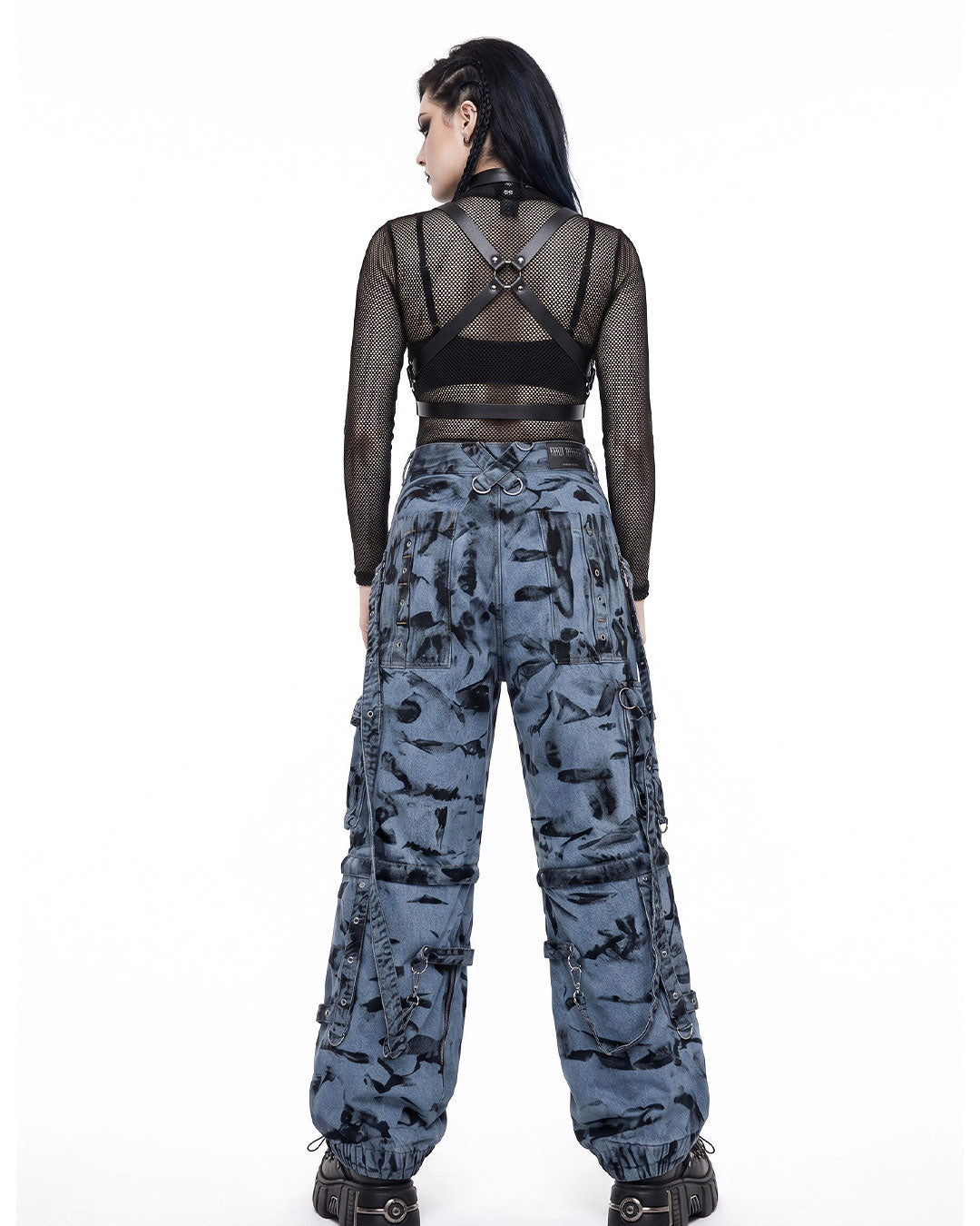 Baggy cargo pants women back view, wide leg cargo jeans, tie-dye denim with adjustable straps