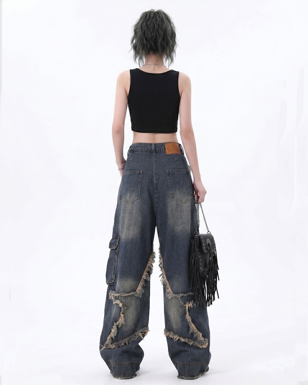 Women's Patchwork Fringe Pocket Wide Leg Loose Casual Cargo Boyfriend Jeans