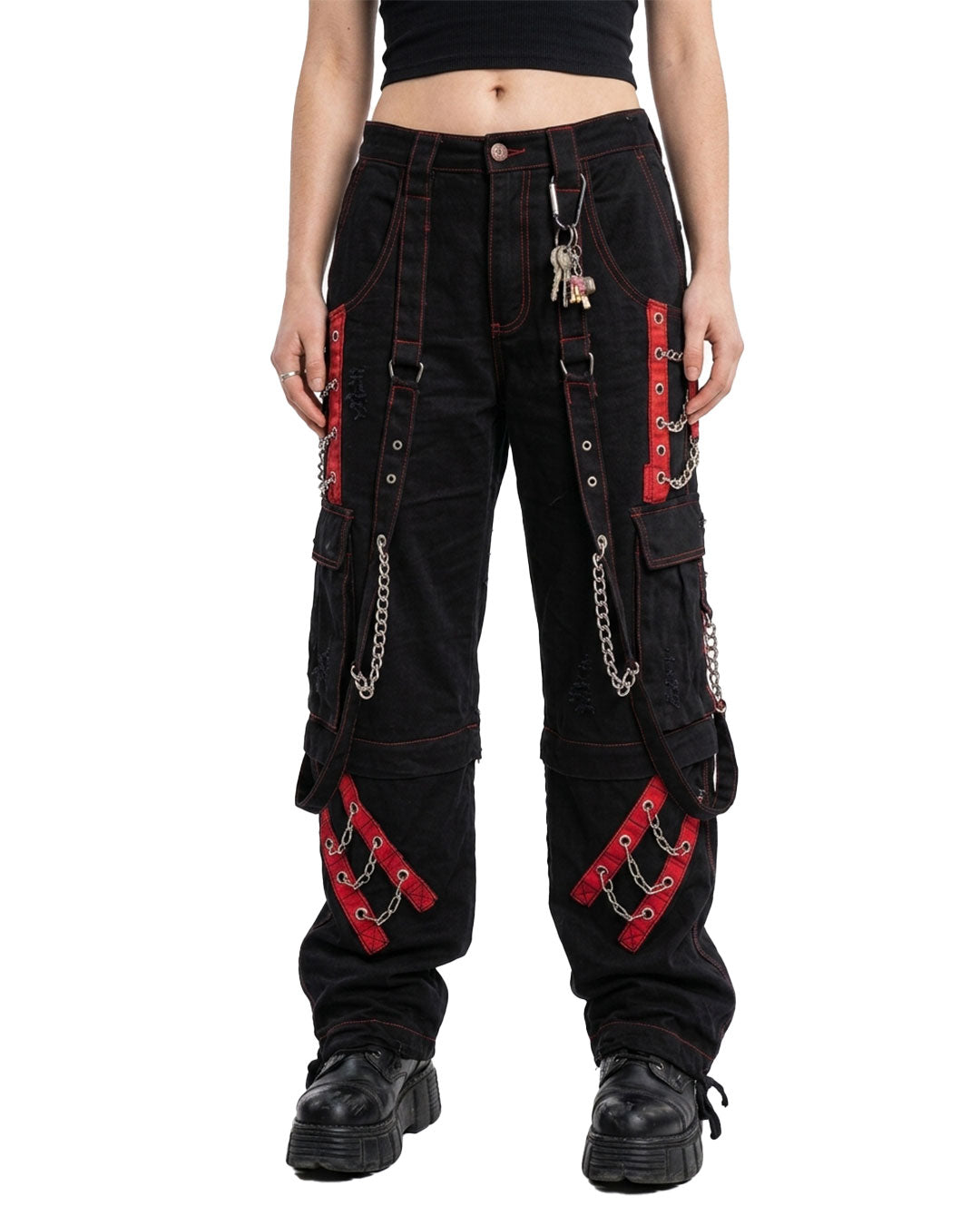 Women's Gothic Punk Cargo Pants Black Red Chain Strap