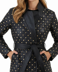 Black Leather Blazer with Gold Studded Accents