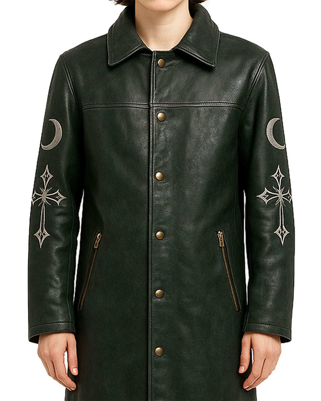 Men's green long flowing gothic coat with moon and cross embroidery on sleeves