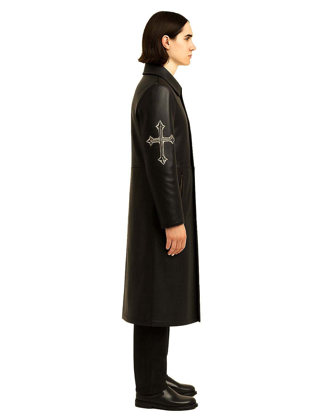 Gothic Cross Long Leather Coat