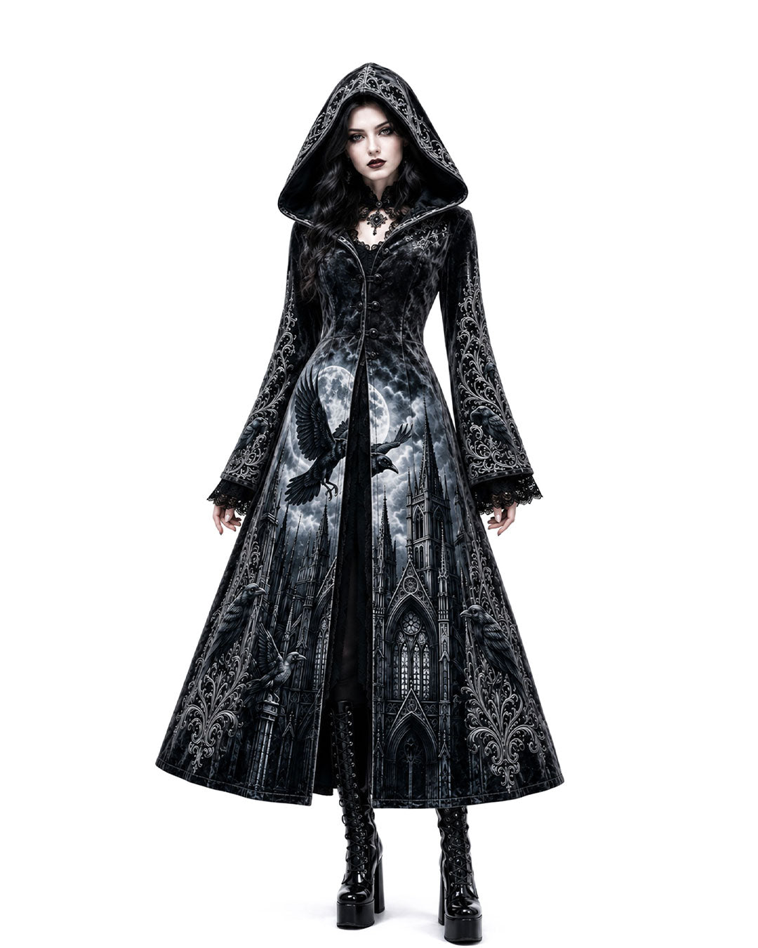 Women’s Gothic Raven Cathedral Hooded Coat