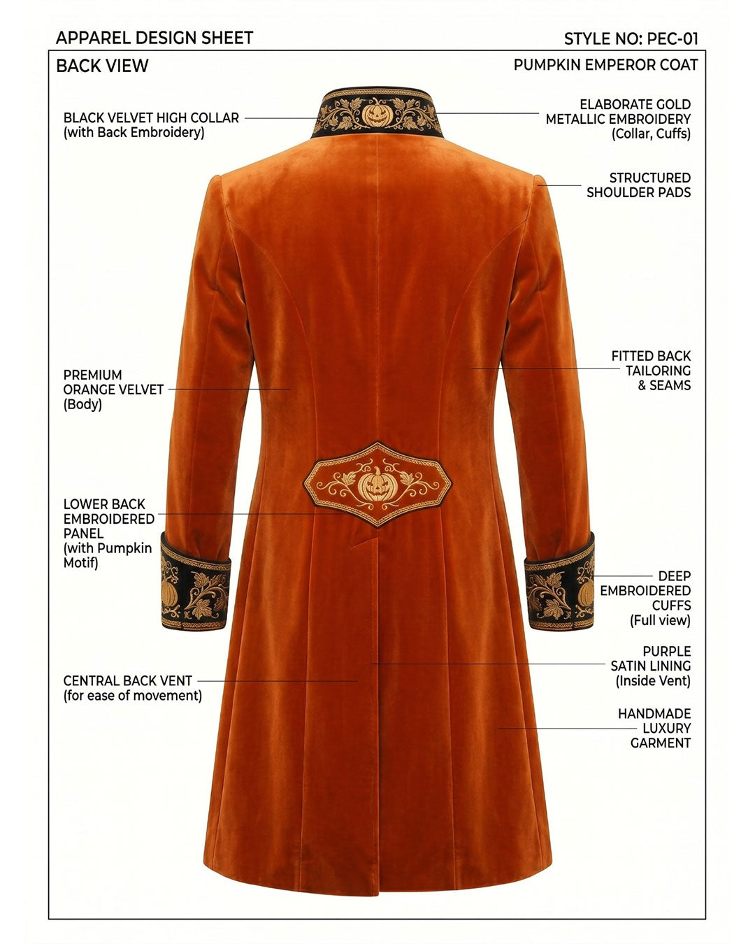 Mens orange coat with black and gold embroidered lapel, cuffs, and long Victorian gothic tailcoat design shown on male model