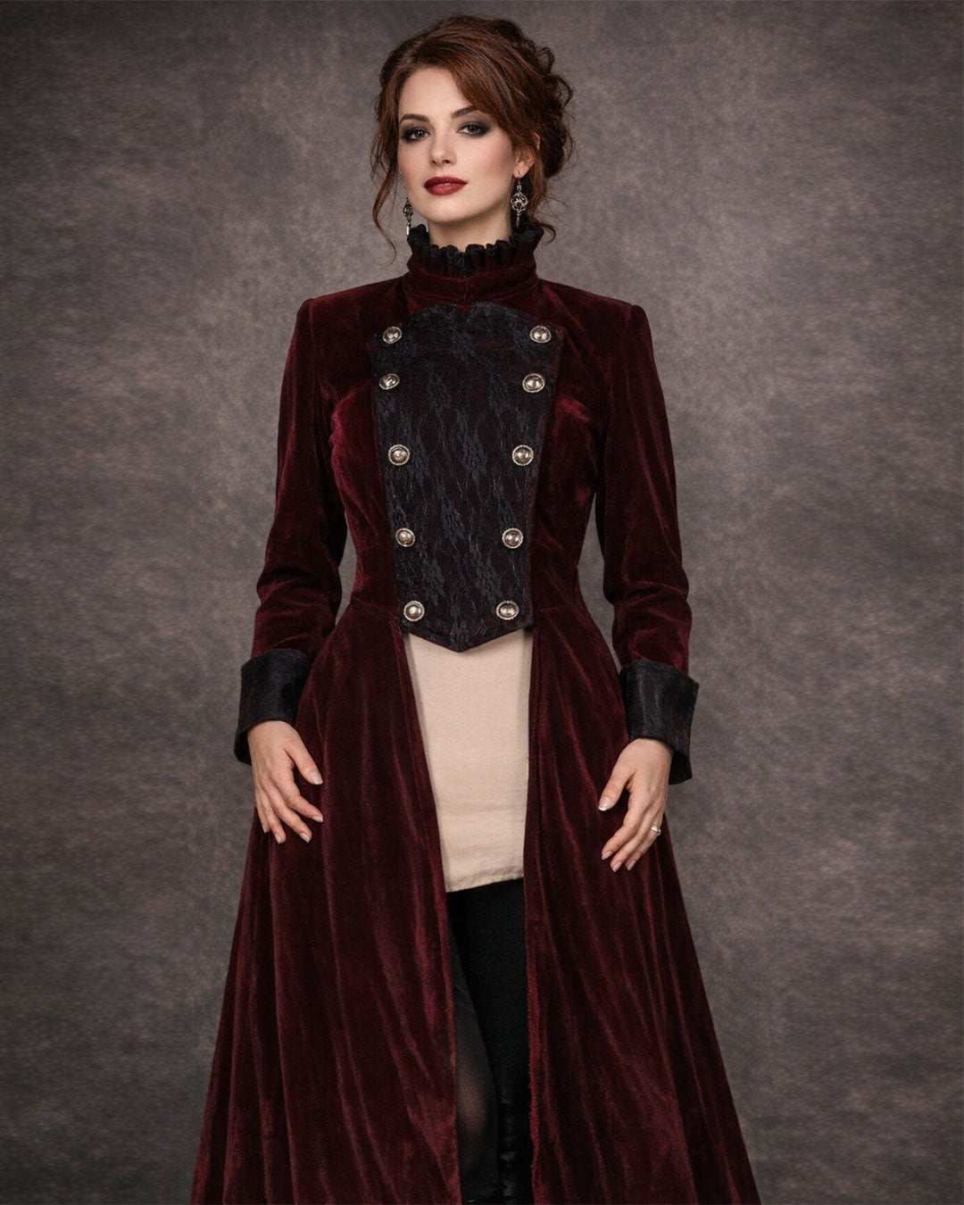 Wine red gothic velvet long tailcoat jacket for women with Victorian double-breasted design