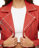 Women’s Cropped Red Studded Leather Jacket
