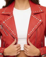 Women’s Cropped Red Studded Leather Jacket