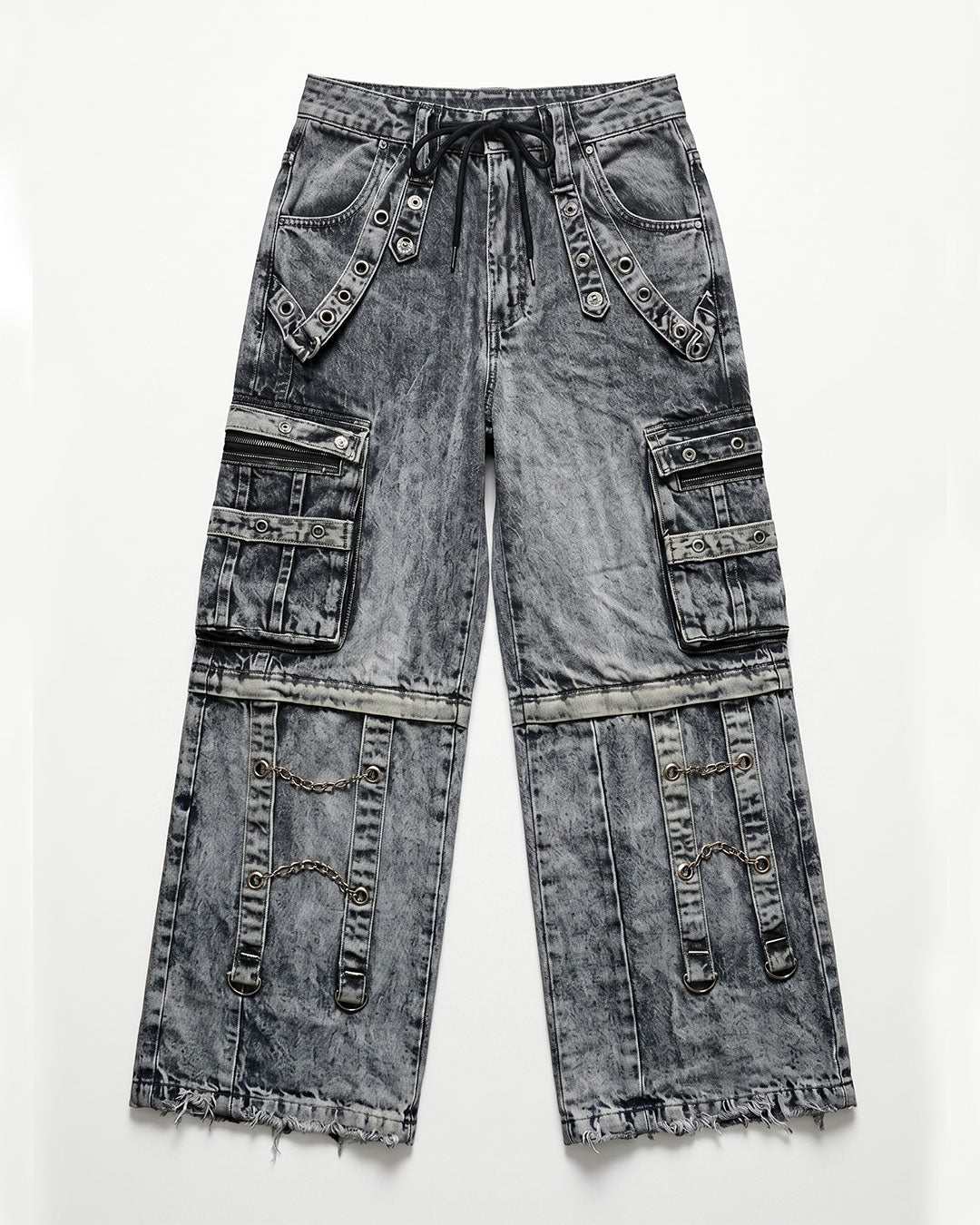 Dark wash denim cargo pants for men with oversized streetwear silhouette