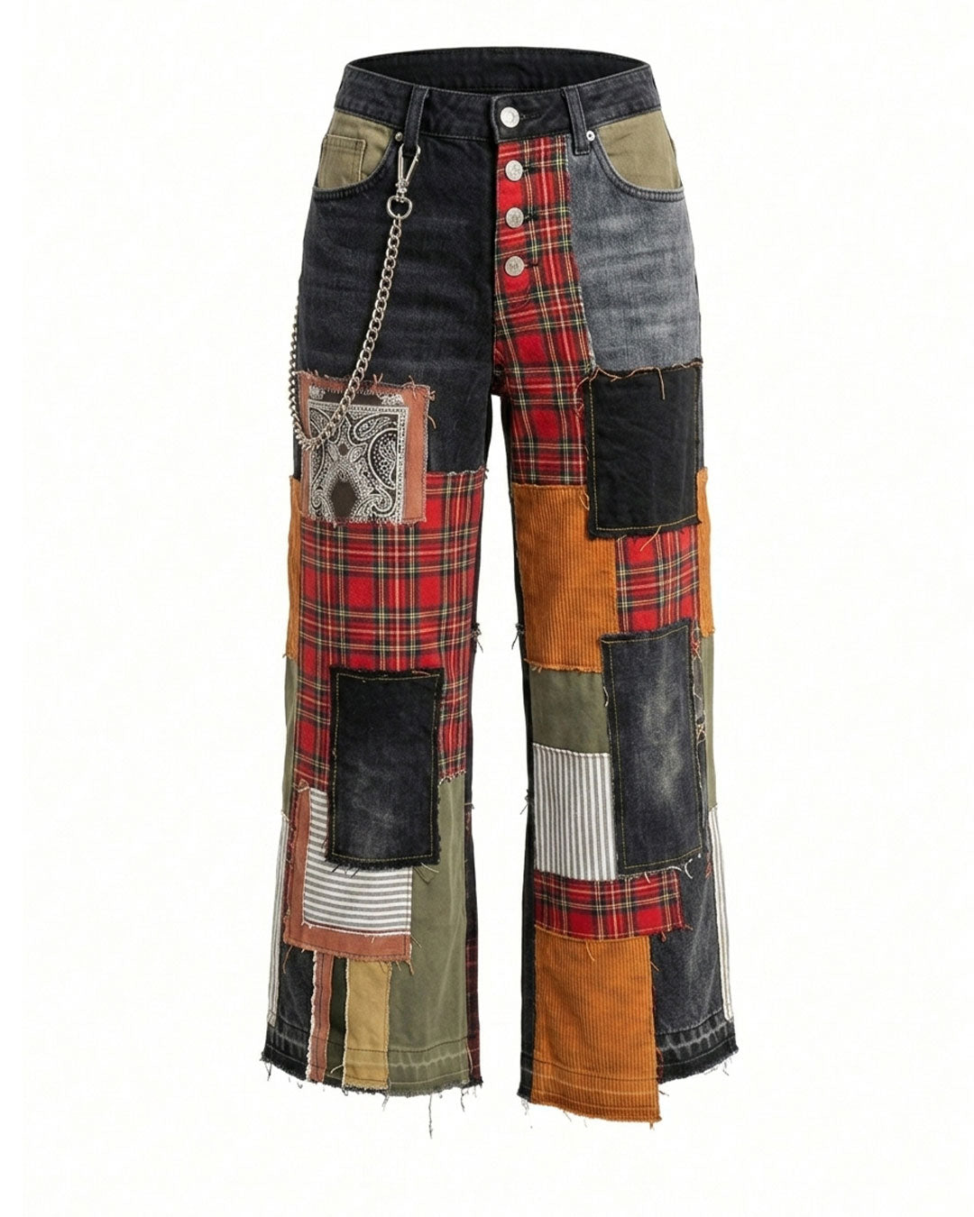 Multicolored patchwork pants with a white background