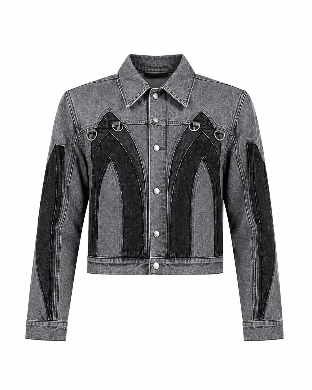 Front view of Gothic Cathedral Denim Suit with cropped grey and black denim jacket and matching wide-leg jeans