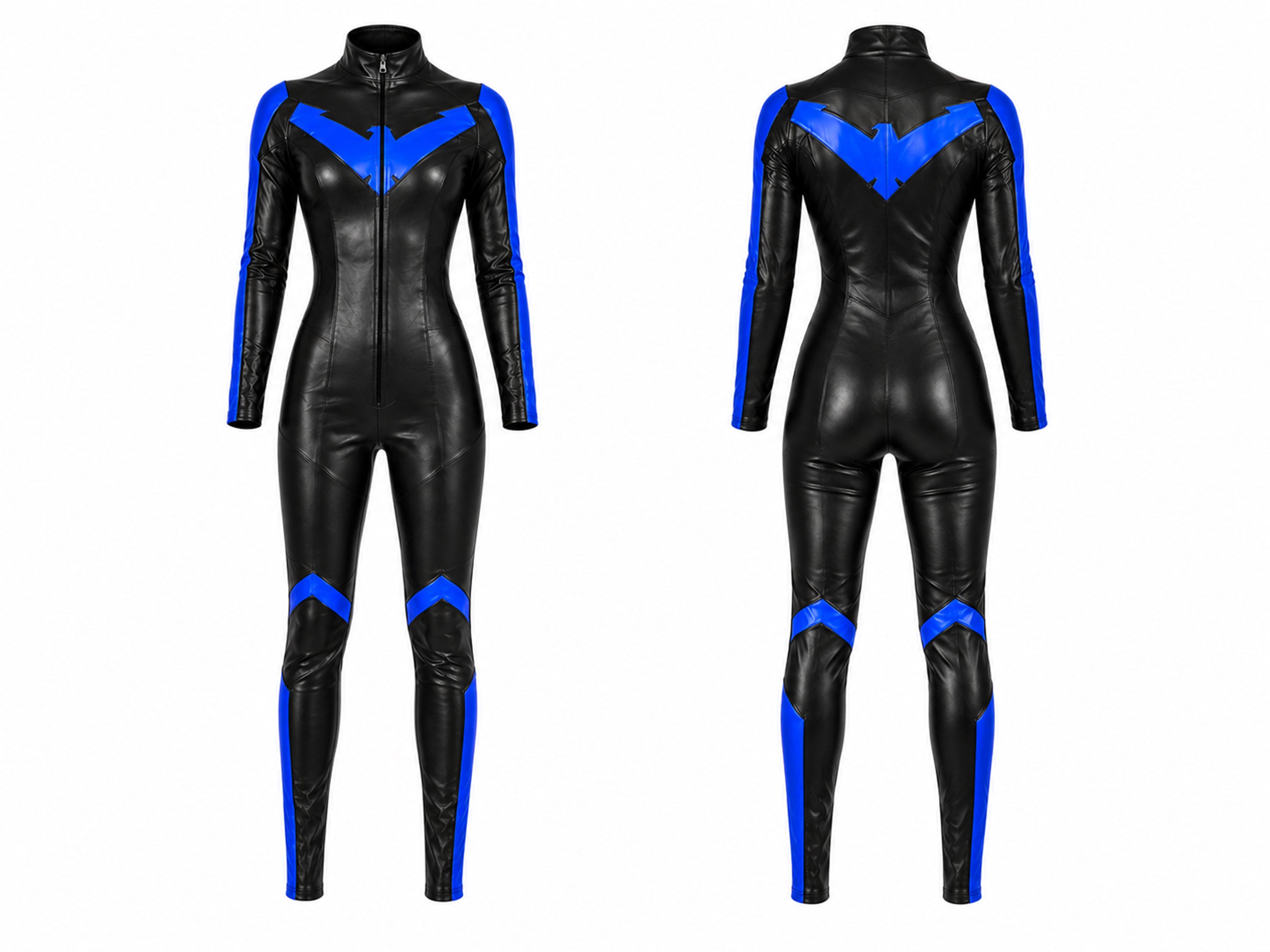 Women's Nightwing Cosplay Costume – Black Blue Faux Leather Jumpsuit