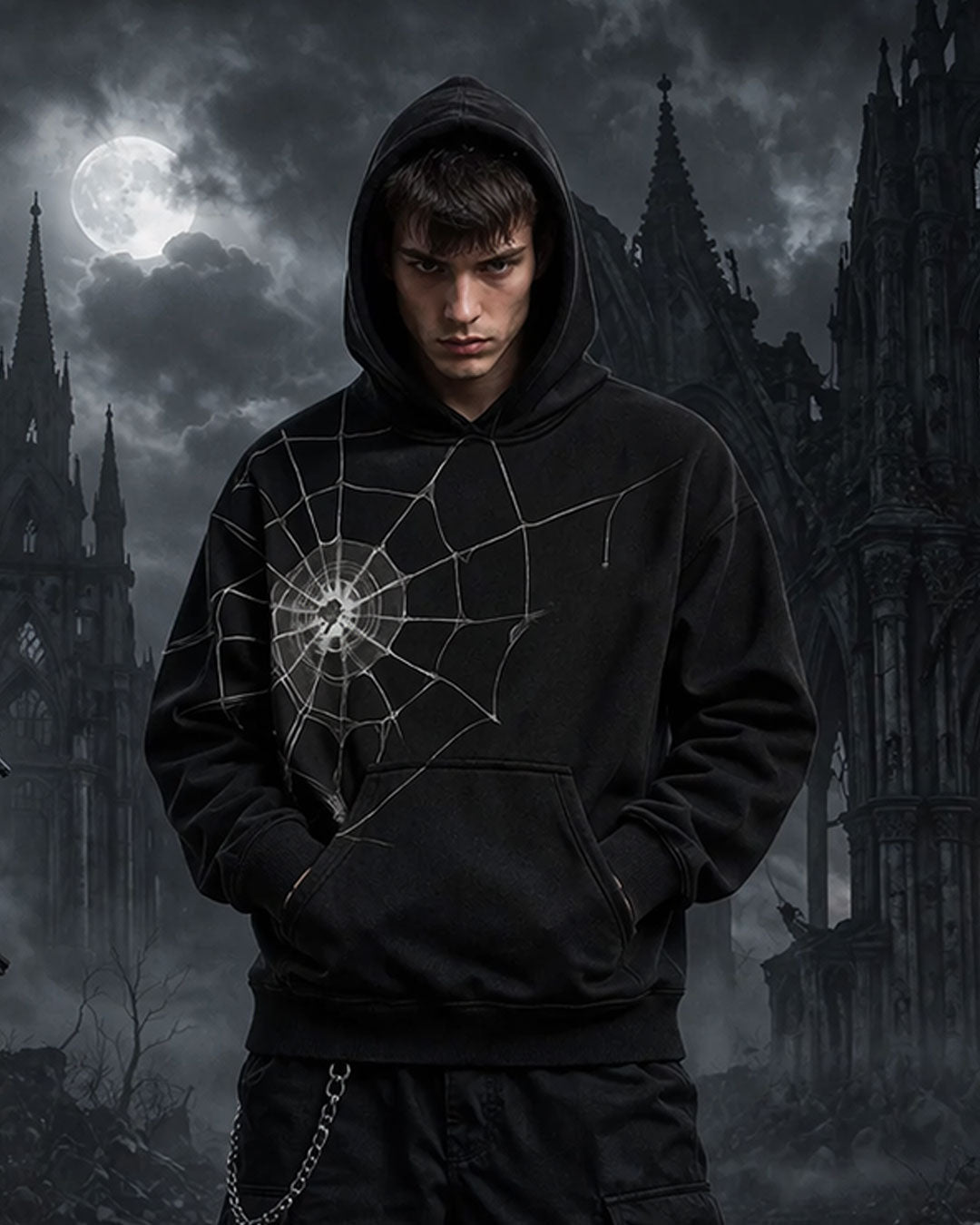 Unisex Gothic Spider Web Hoodie – Black Streetwear Pullover