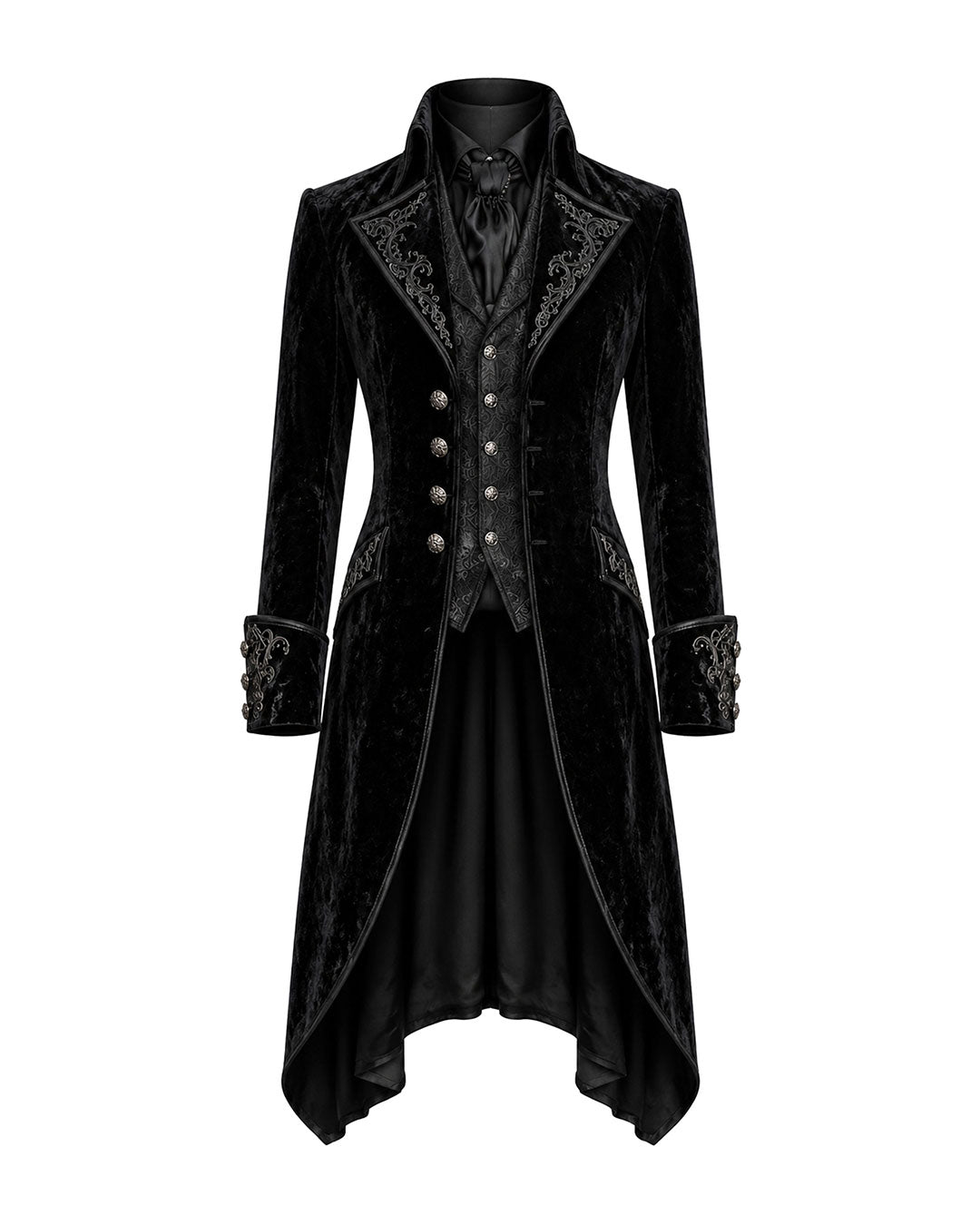 Men’s Victorian gothic black velvet coat with embroidered lapels, decorative buttons, high collar, and long tailcoat silhouette, front view