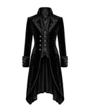 Men’s Victorian gothic black velvet coat with embroidered lapels, decorative buttons, high collar, and long tailcoat silhouette, front view