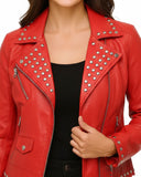 Jessica Studded Biker Red Leather Jacket