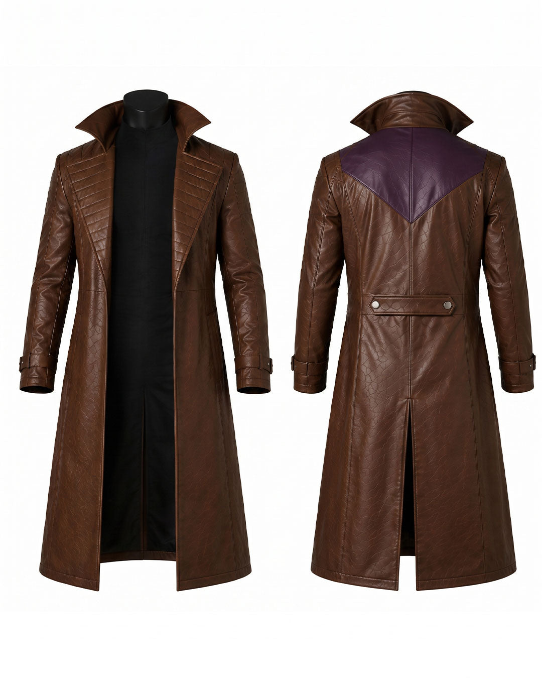 A long brown faux-leather trench coat shown from both front and back on a white background. The front view shows a black inner lining and quilted shoulder details, while the back view reveals a contrasting dark purple shoulder yoke.
