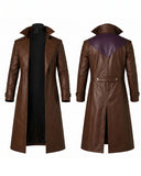 A long brown faux-leather trench coat shown from both front and back on a white background. The front view shows a black inner lining and quilted shoulder details, while the back view reveals a contrasting dark purple shoulder yoke.