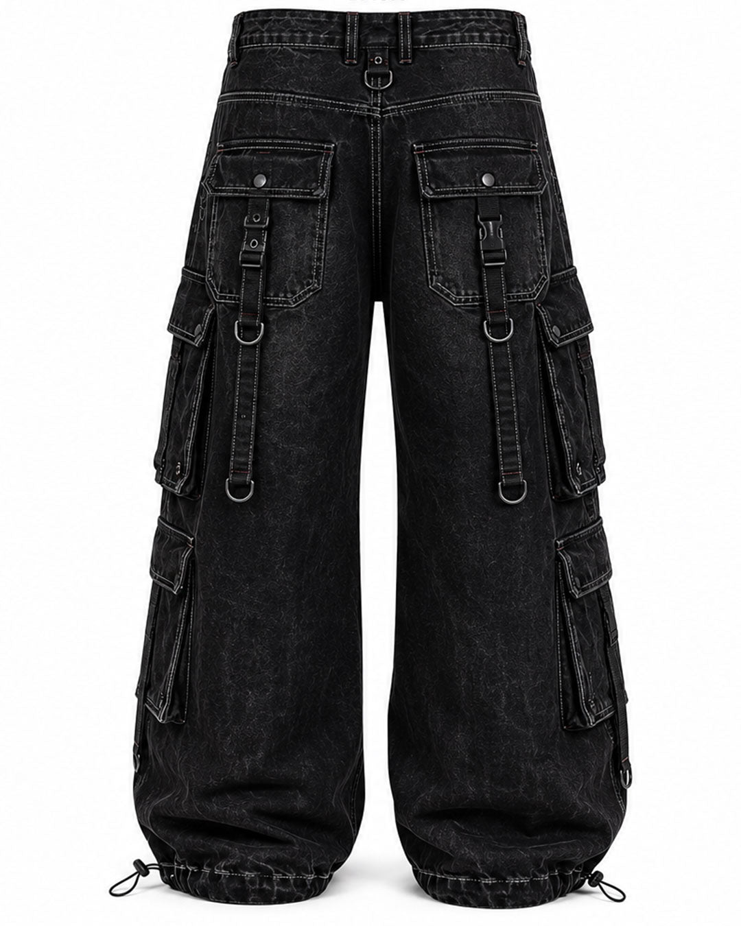 Black grunge cargo pants with oversized pockets back view