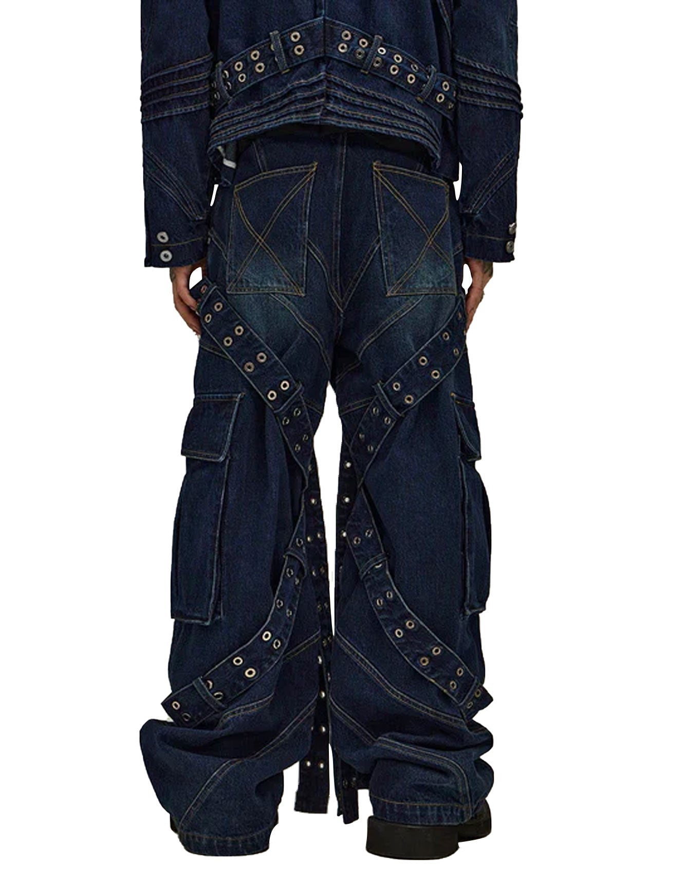 Grommet-Strap Cargo Jeans – Streetwear Utility Men’s Pants