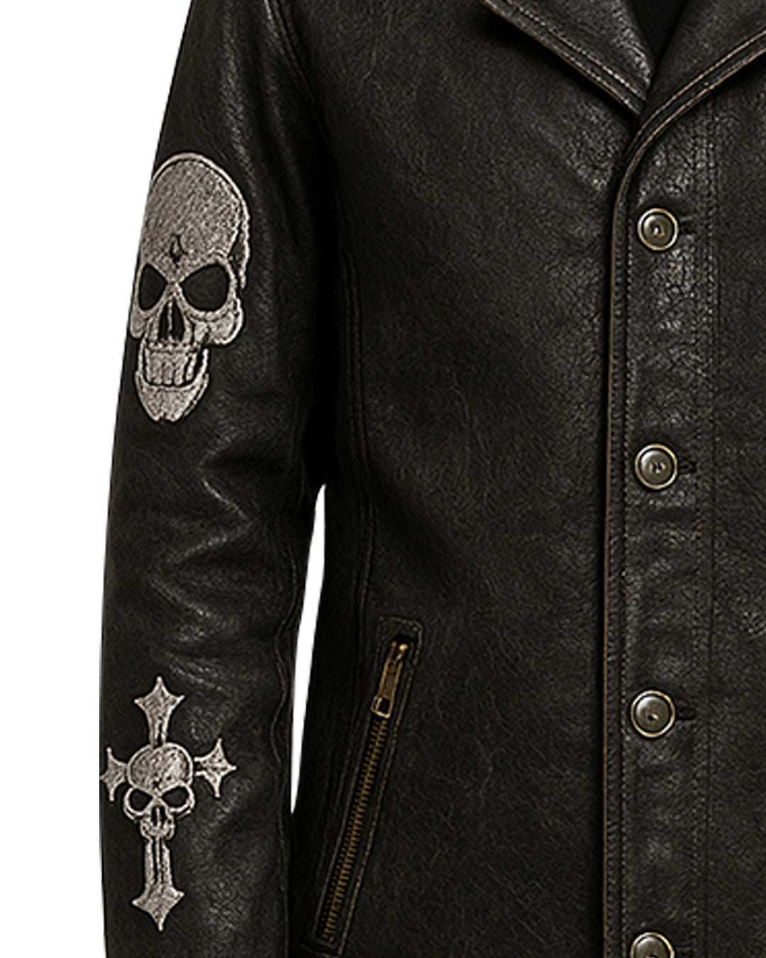 Gothic Skull Cross Embroidered Black Leather Coat