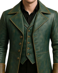 Vintage green brown leather trench coat with wide lapel, antique bronze buttons, and tailored fit