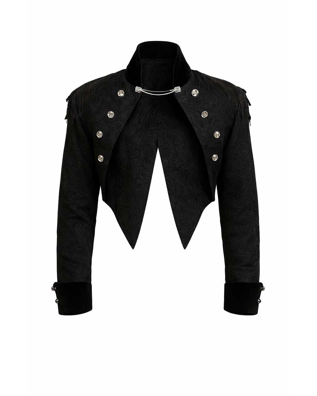 Black Swallow Tail Jacket in luxurious velvet with high-low hemline and ornate gothic detailing