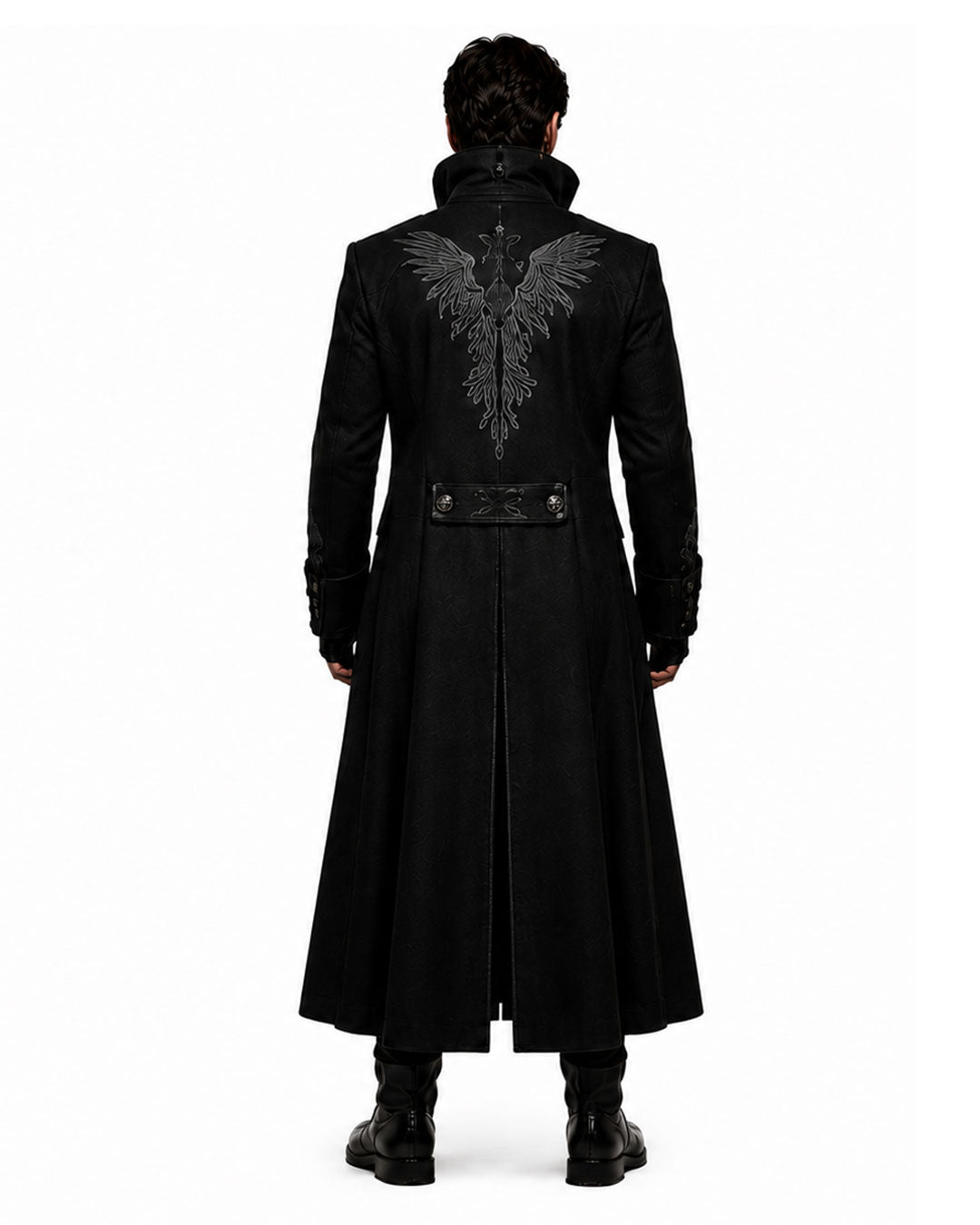 Men’s Halloween costume with black gothic trench coat, raven embroidery, high collar and vampire styling