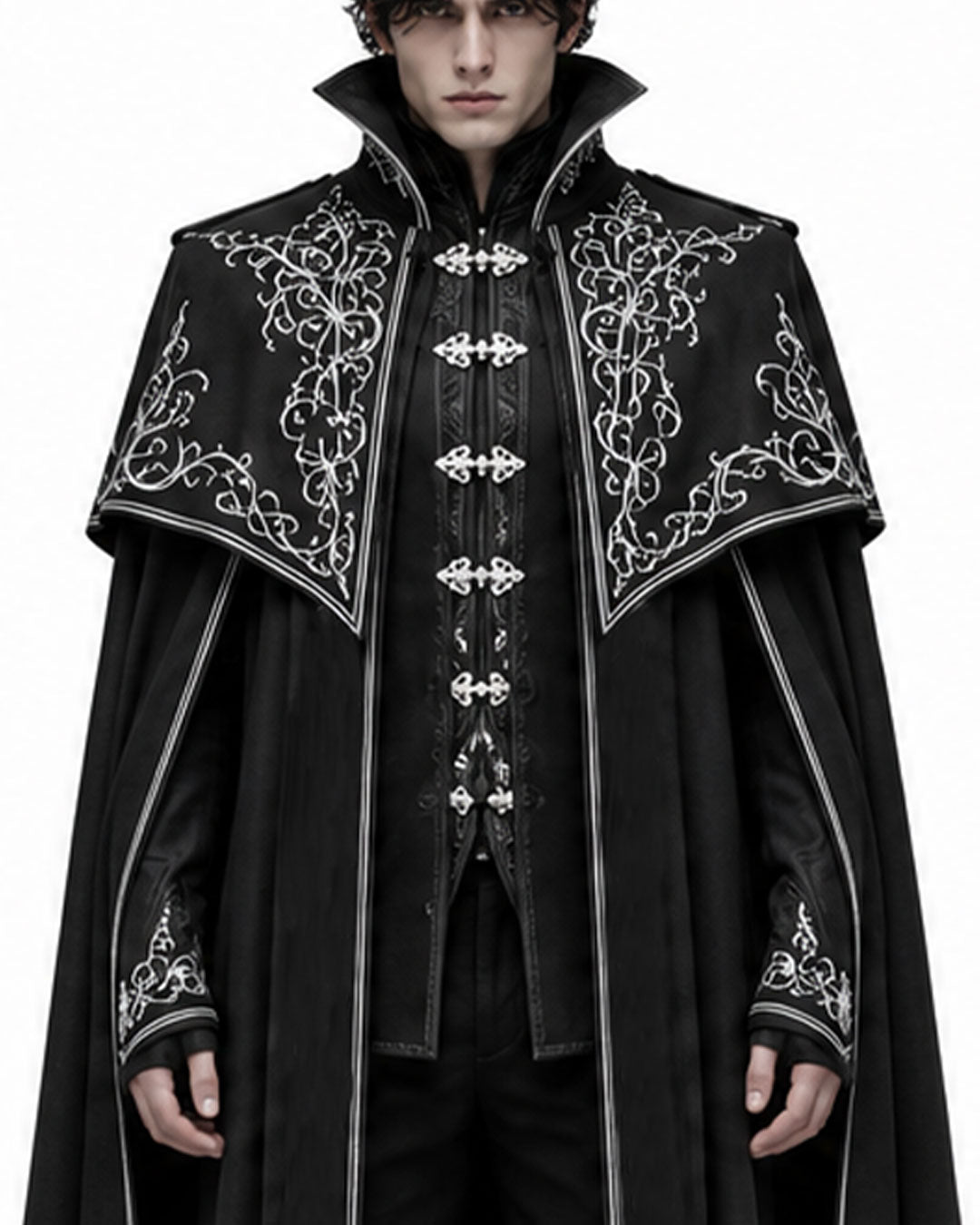 Men’s black vampire cloak costume with high collar, silver Gothic embroidery, front clasps and a floor-length medieval cape design.