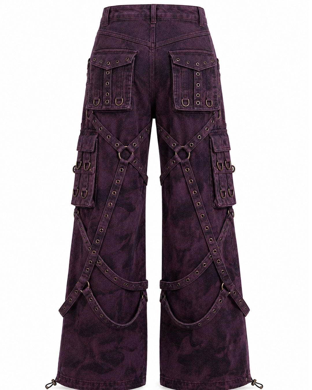 Purple cargo pants back view, emo pants product shot, harness straps grommet detail