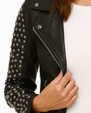 Black leather Casual Studded Biker jacket with silver studs and asymmetrical zipper on modelBlack leather Casual Studded Biker jacket with silver studs and asymmetrical zipper on model