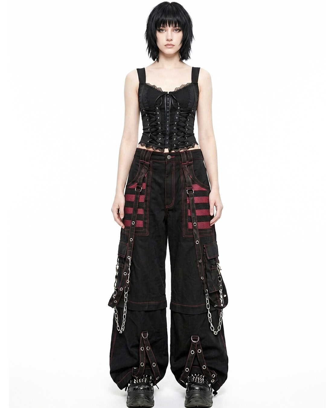 Women’s Gothic Punk Cargo Pants – Black Red Y2K Chain Streetwear Trousers