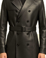 Black Rose Leather Trench Coat with double-breasted closure and adjustable waist belt in smooth genuine leather
