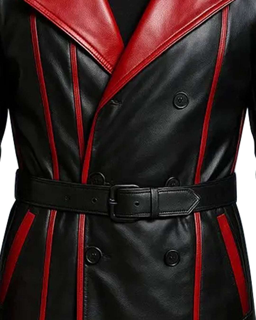 Men’s black and red gothic leather trench coat with belted waist and red accents