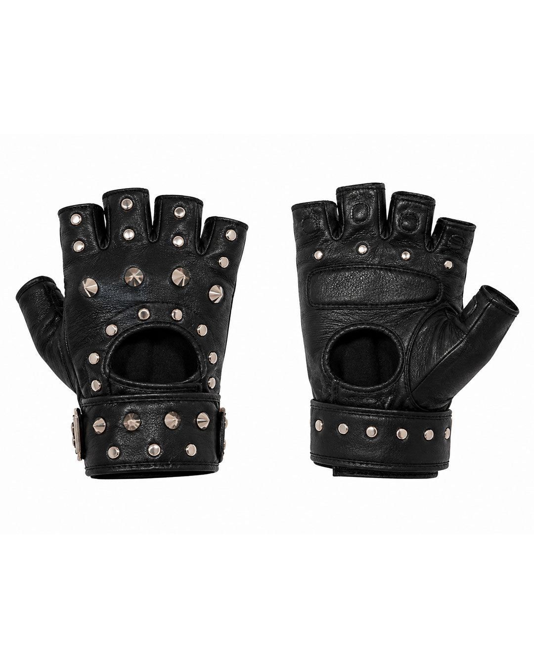 A pair of black leather fingerless gloves with silver metal studs, shown from both the front and back views on a plain white background.