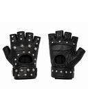 A pair of black leather fingerless gloves with silver metal studs, shown from both the front and back views on a plain white background.