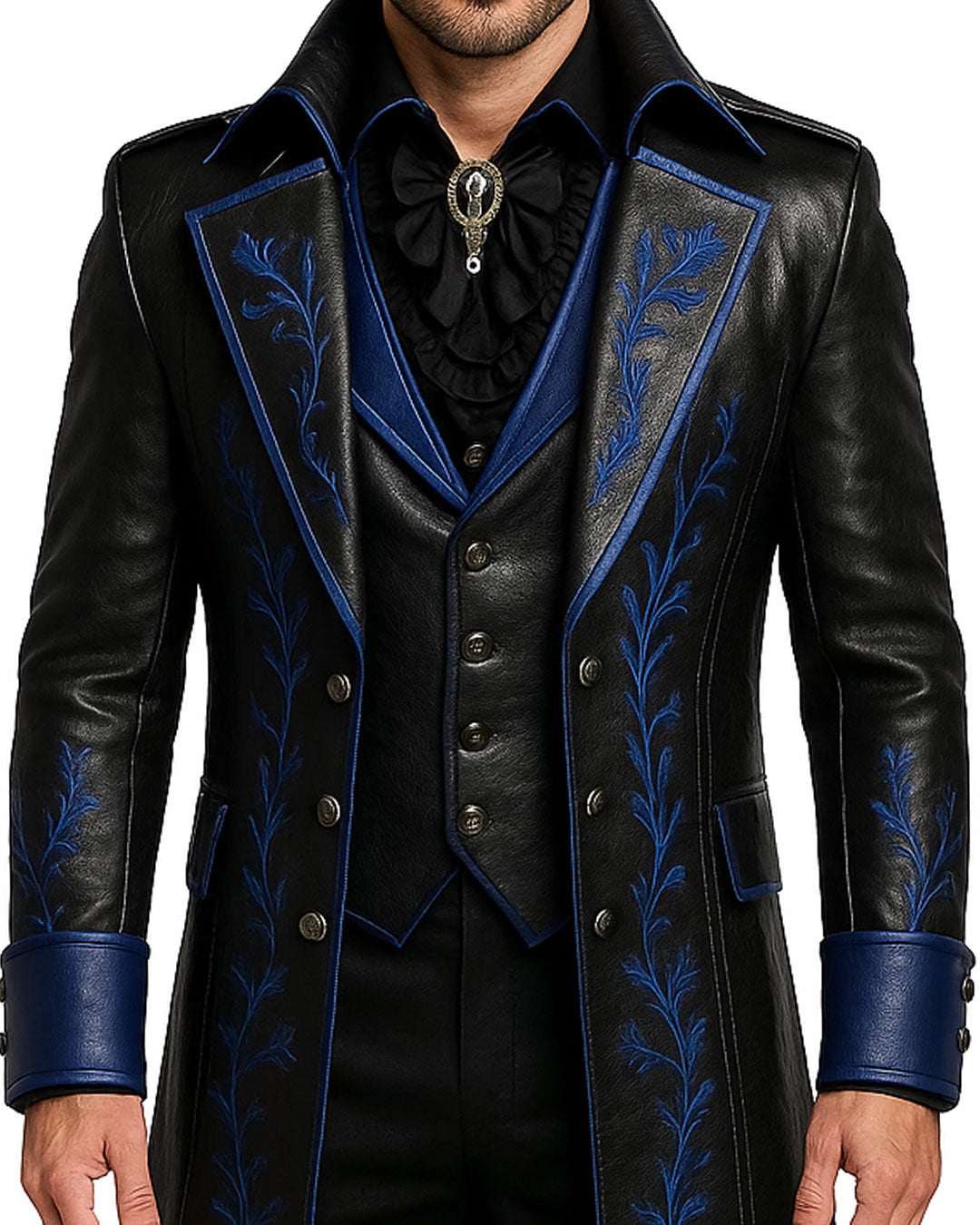 Men black and blue gothic leather trench coat with embroidered blue detailing and tailored fit