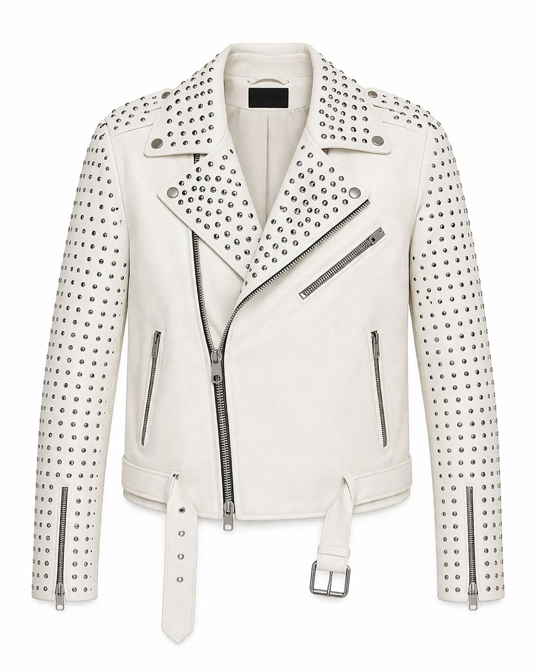 White Studded Leather Biker Jacket