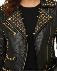 Women’s Black Crocodile Texture Studded Leather Jacket